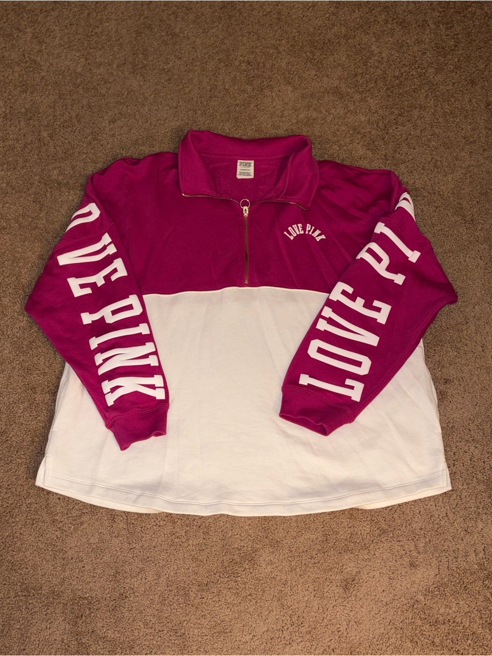 PINK Victoria's Secret Fuchsia & White Half-Zip Pullover